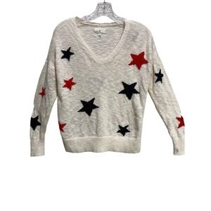 Lou & Grey Womens XS V-Neck Star Print Sweater Cream Red Blue Cotton 4th of July